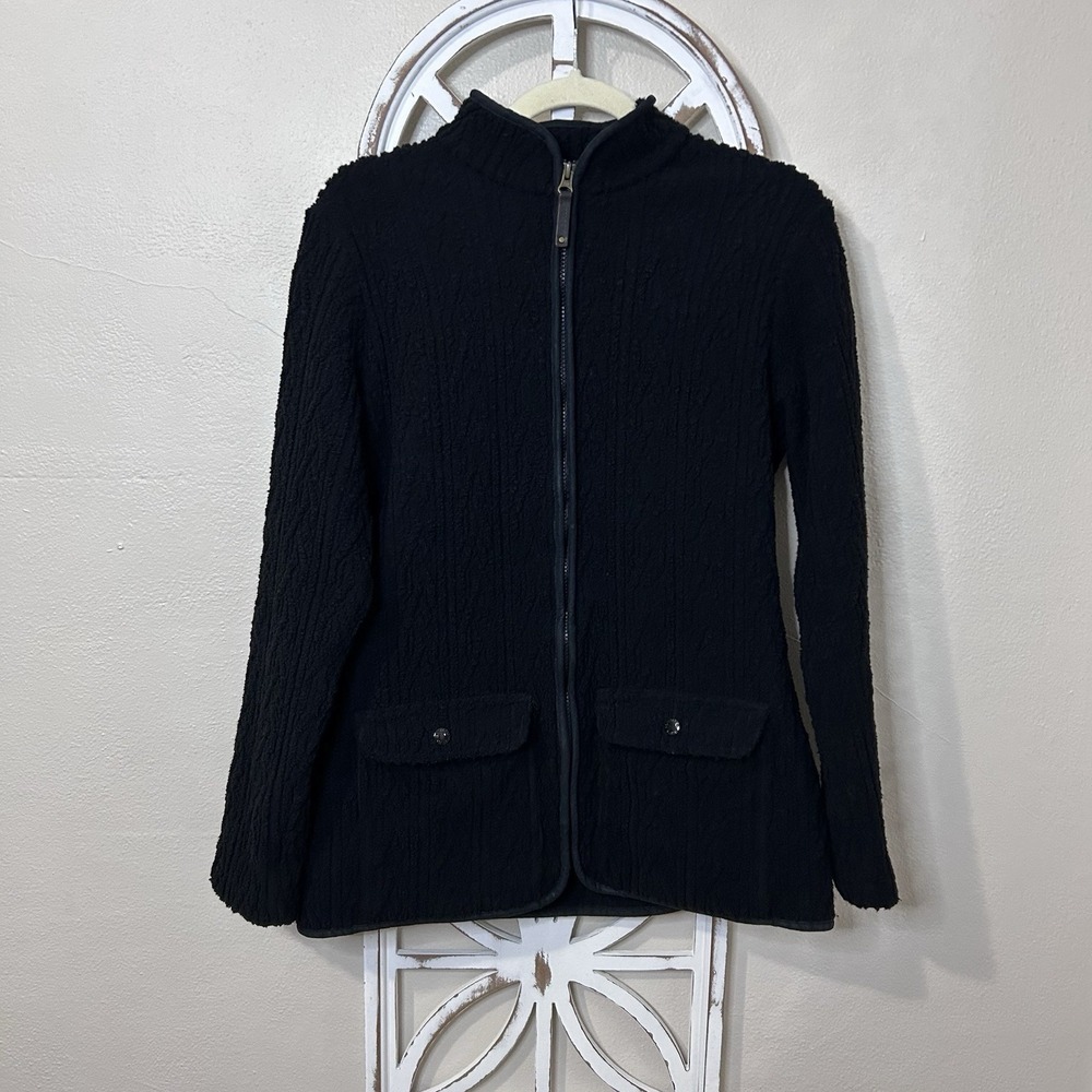 CC Filson womens small Black Cable knit Pockets wool blend zip up jacket